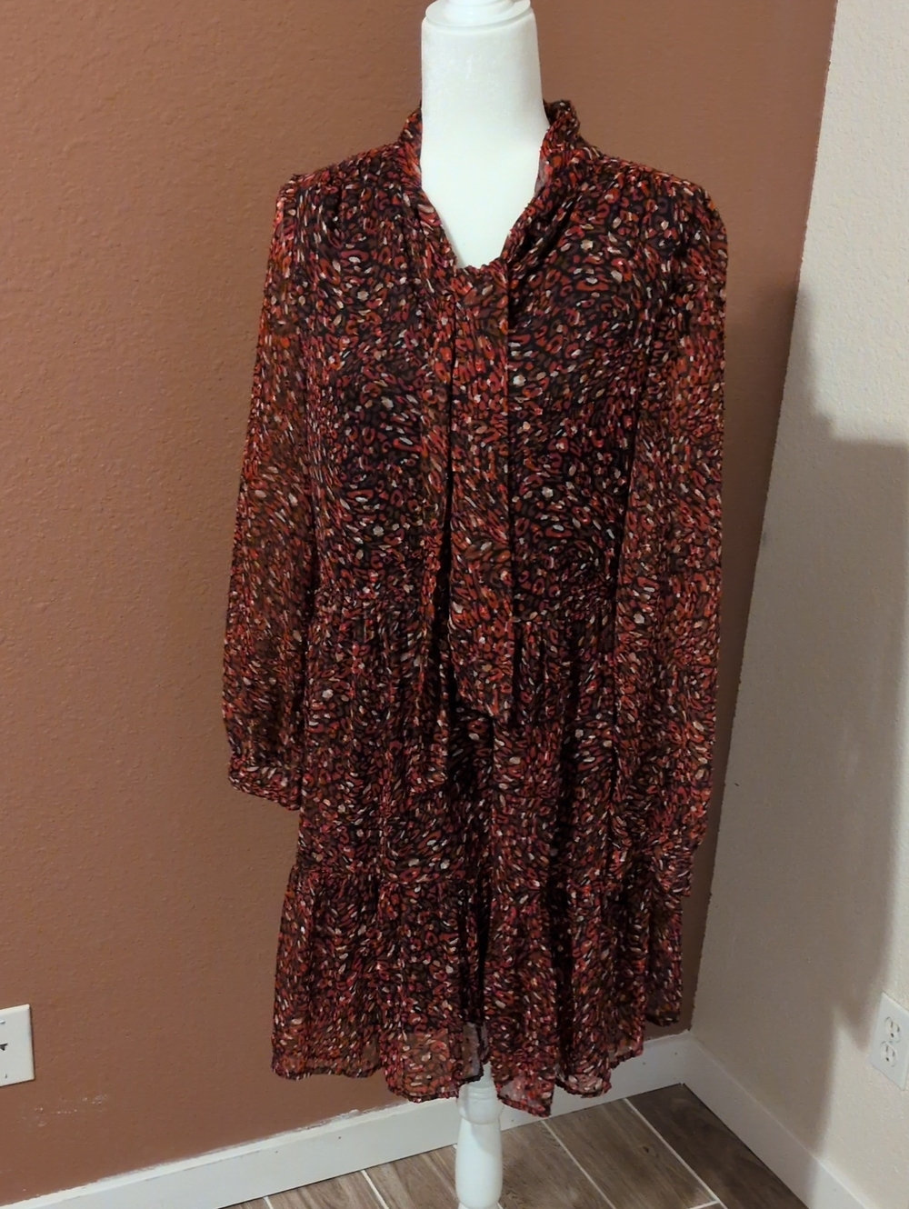 Women's Rust Floral Long-Sleeve Tiered Dress